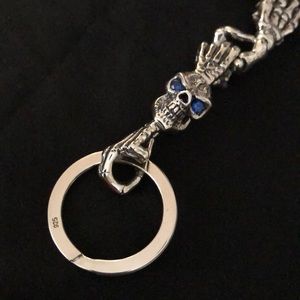 925 Silver Blue jeweled Skull w/claws keychain